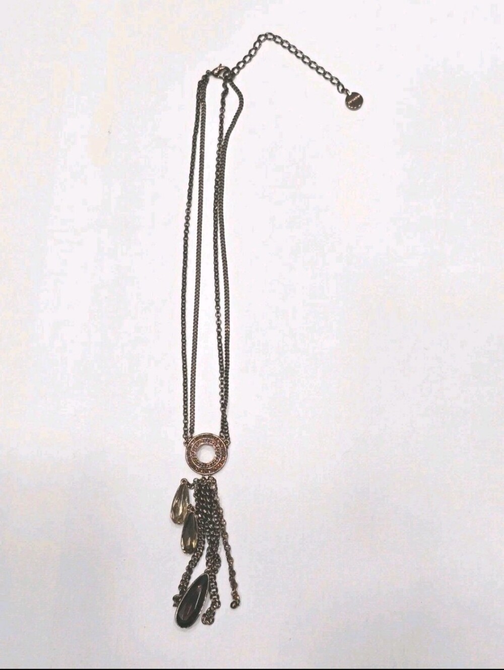Givenchy Vintage Pendant Necklace Bronze Tone Tassel Multi Chain Smoky Teardrop